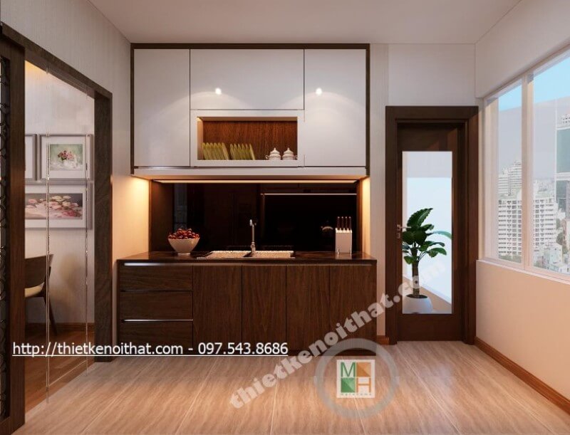 Hệ thống tủ bếp gỗ công nghiệp được thiết kế đơn giản, kết hợp 2 tone màu nâu trầm và trắng tạo hiệu ứng màu sắc mang đến cảm giác thư giãn và thanh thoát nhẹ nhàng. Tủ bếp chữ i