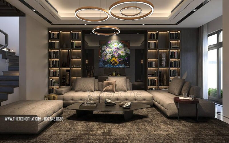 Sofa hiện đại màu xám cao cấp sang trọng tạo điểm nhấn ấn tượng cho phòng khách rộng, lớn.